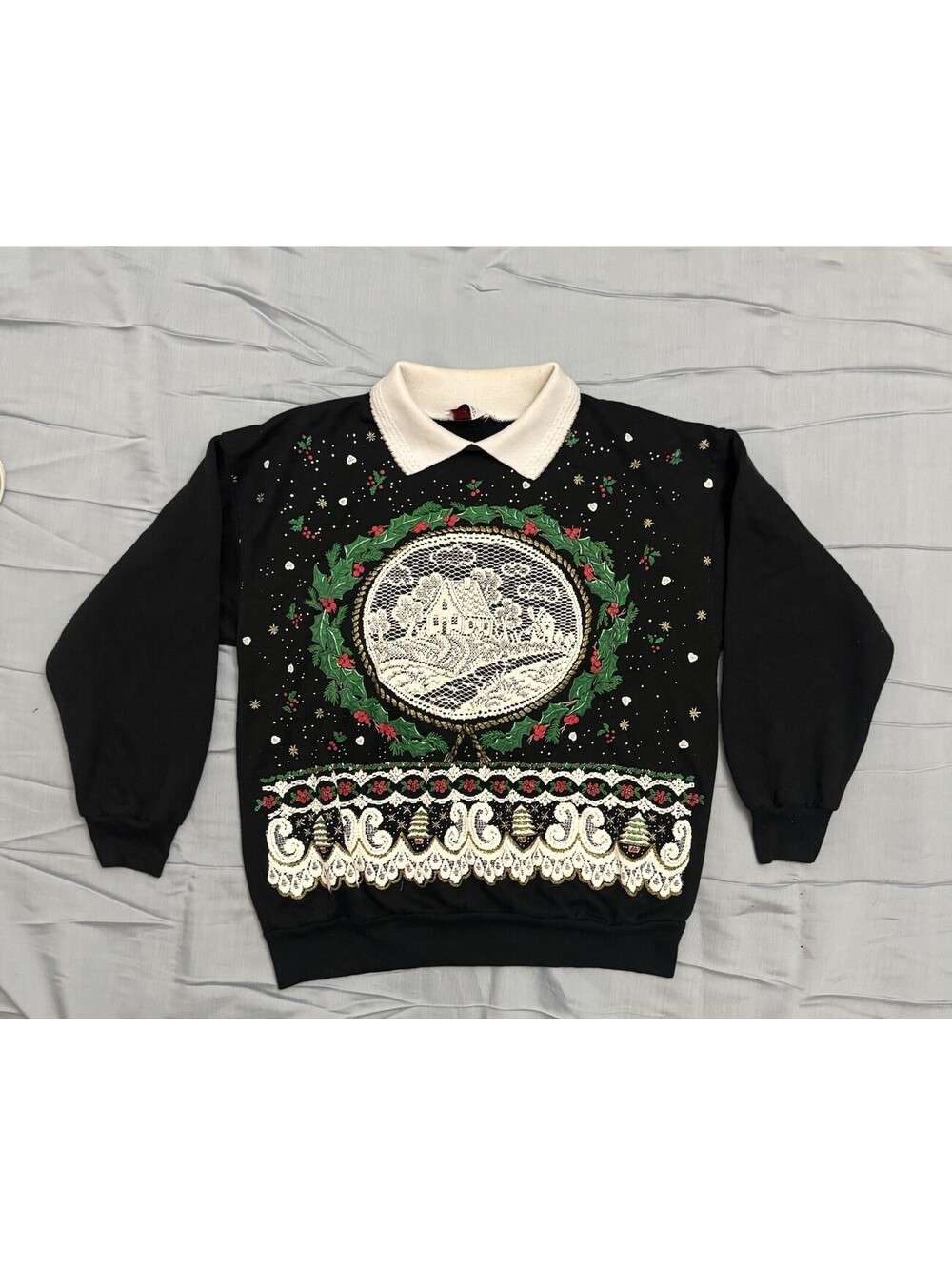 Vintage Nutcracker Christmas Sweatshirt Women L Black Lace Holiday Collared